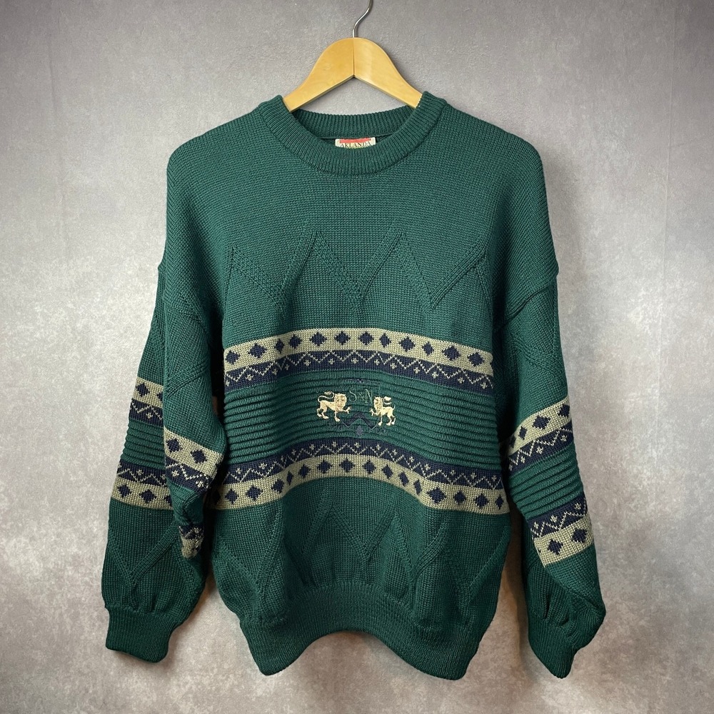 Aklanda Sweater Mens Medium Green Lions Crest Wool Made in Australia Vintage‎